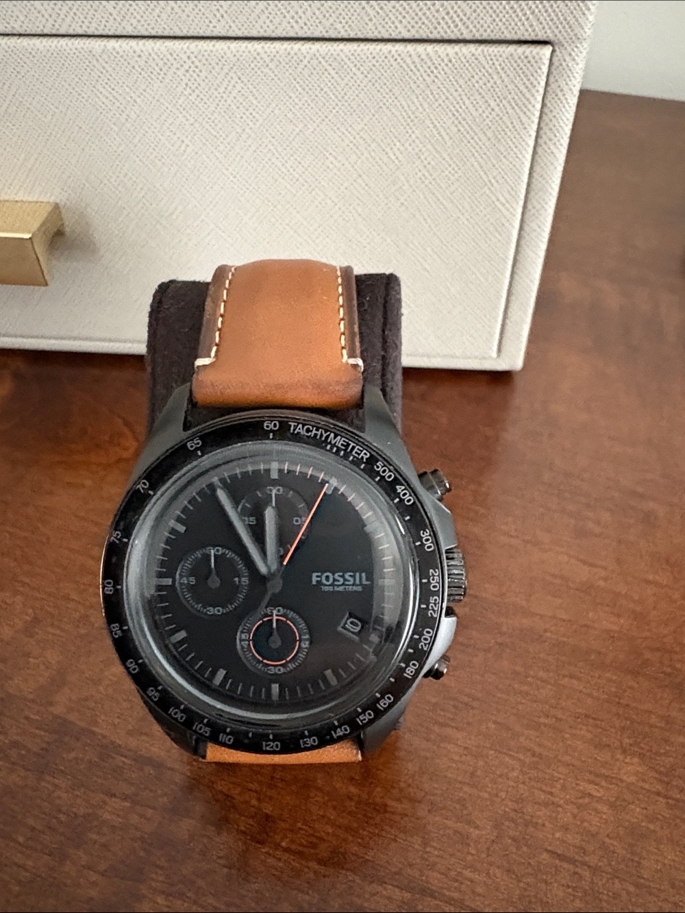 Fossil Men's Black Dial Chronograph Watch with Brown Leather Strap